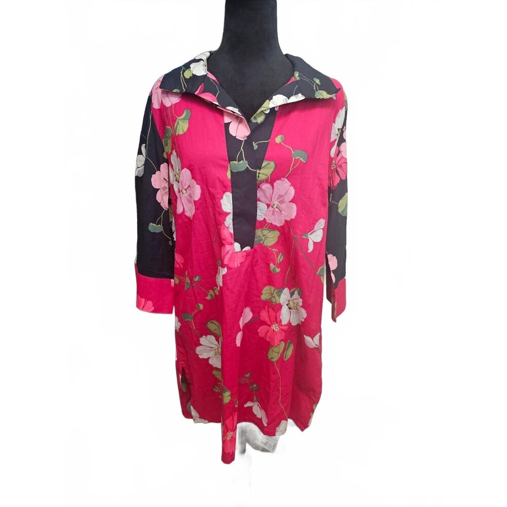Womens Floral Button-Back Cotton Tunic Top w/Contrast Collar & Sleeves Medium